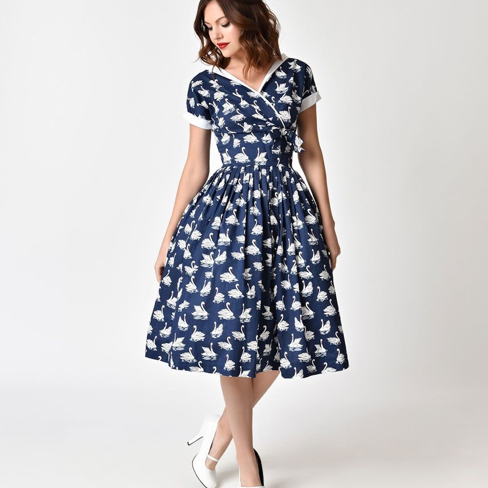 Unique Vintage Navy Waldorf Swan Dress